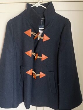 J. Crew Navy Wool Toggle Coat with Tan Leather Trim